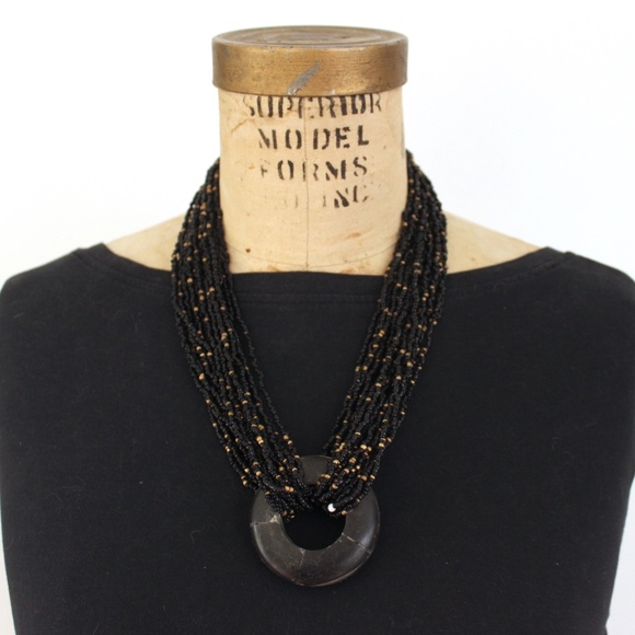 1980s boho tribal multistrand necklace beads horn black gold glass collier - Picture 2 of 11